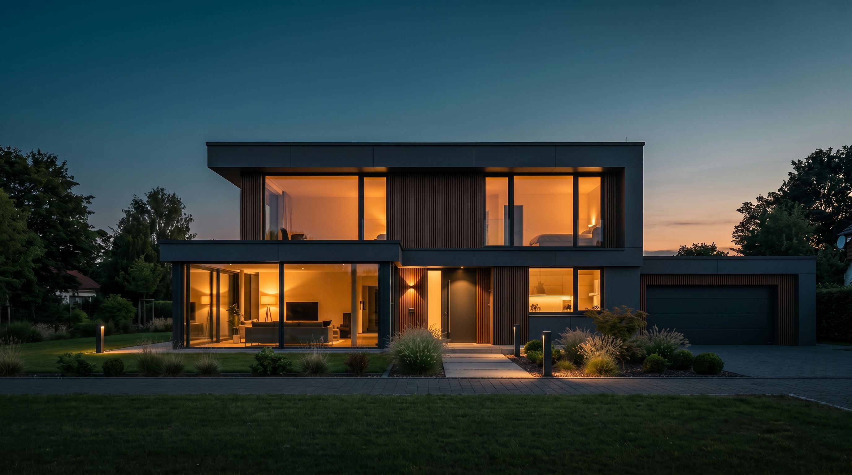 Modernes Einfamilienhaus in der Abenddämmerung