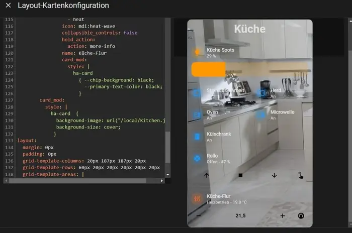 Eigenes Home-Assistant-Dashboard: Küche mit Licht, Geräten, Rollo und Heizung