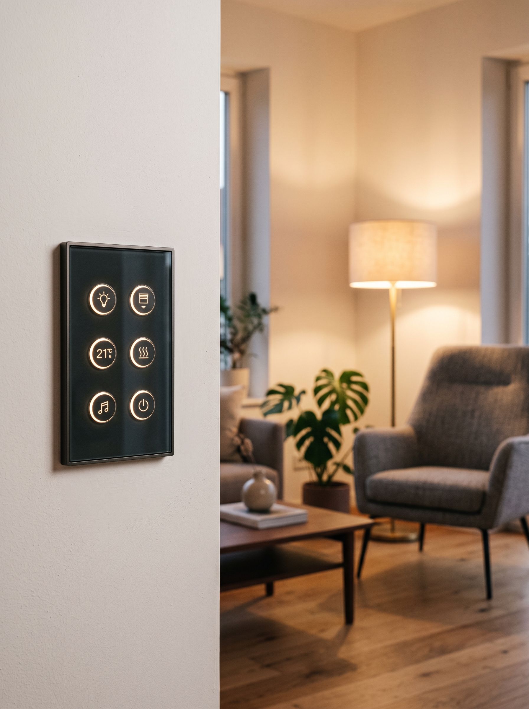 Eleganter KNX-Glastaster an der Wohnzimmerwand